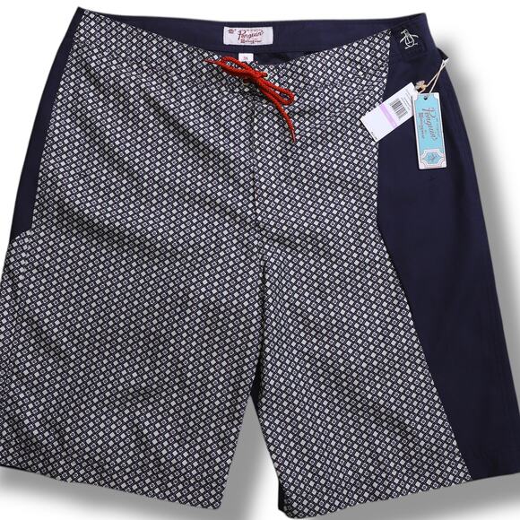 Penguin Swim Trunks Men's 38 Navy Blue Diamond Print‎ Board Shorts NWT - Picture 1 of 10